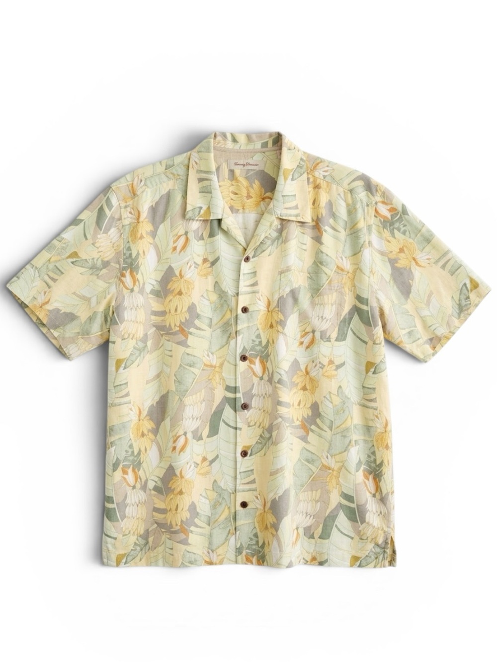 Tommy Bahama Men’s Silk Camp Shirt Yellow Green Banana Palm Print Aloha Size XL